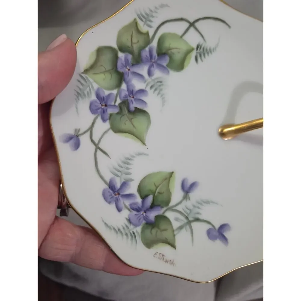 Antique E. Stawski Hand Painted Floral Serving Dish Finger Loop Handle Purple